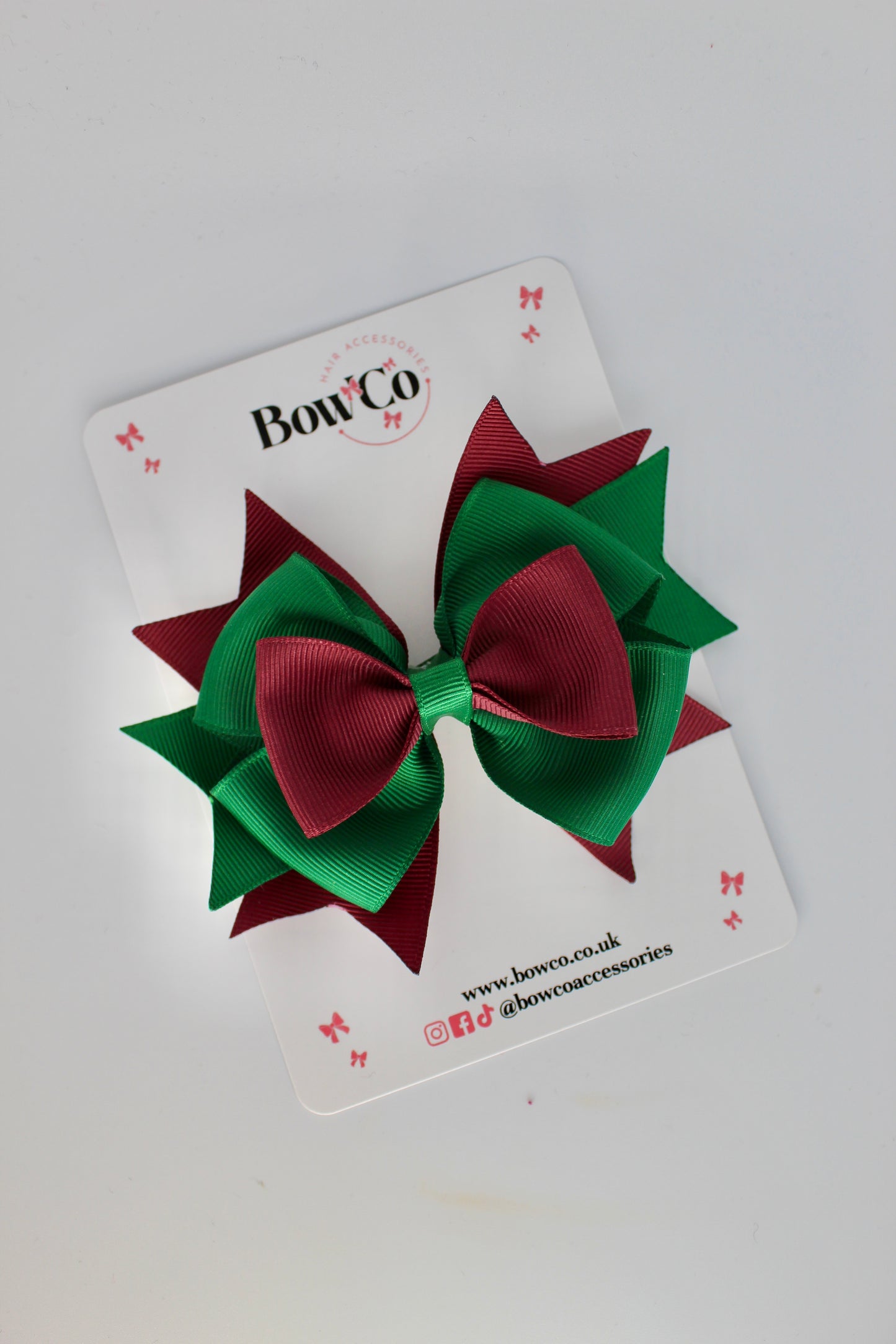 3.5 Inches Layer Bow - Clip - Forest Green and Burgundy