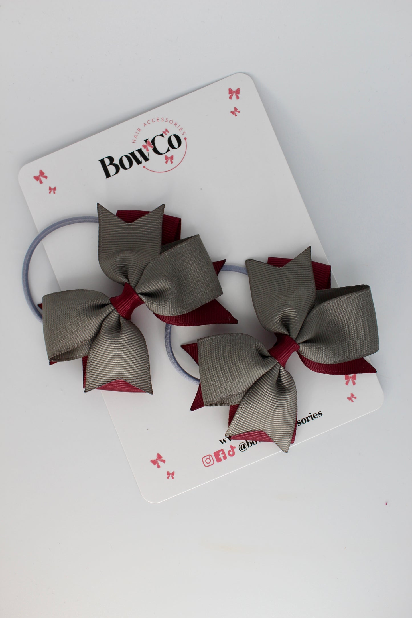 Burgundy and Metal Grey - Layer Tail Bow Set - Elastic