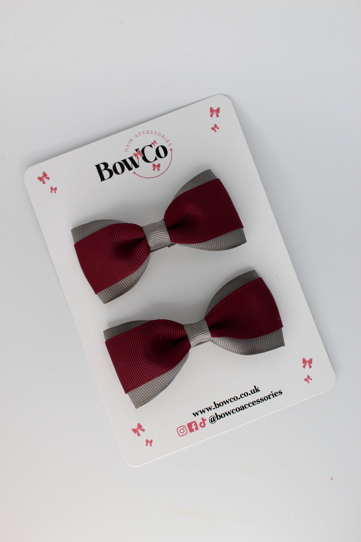 Burgundy and Metal Grey - Tuxedo Bow Set - Clip