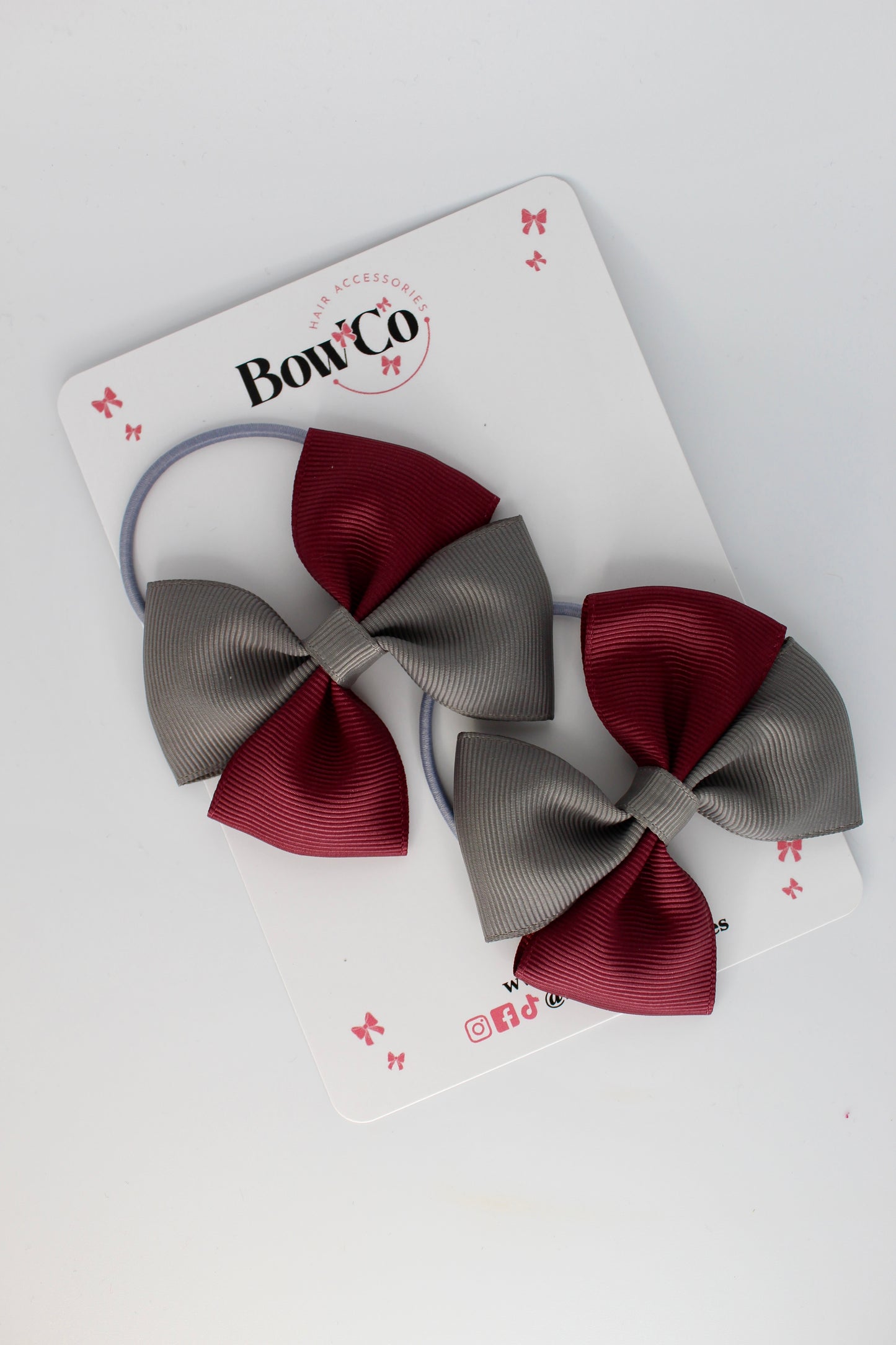 Burgundy and Metal Grey - Twist Bow Set - Elastic