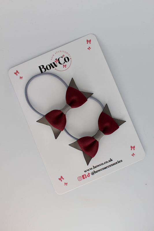 2.5 Inch Layer Tail Bow - Elastic - 2 Pack - Burgundy and Metal Grey