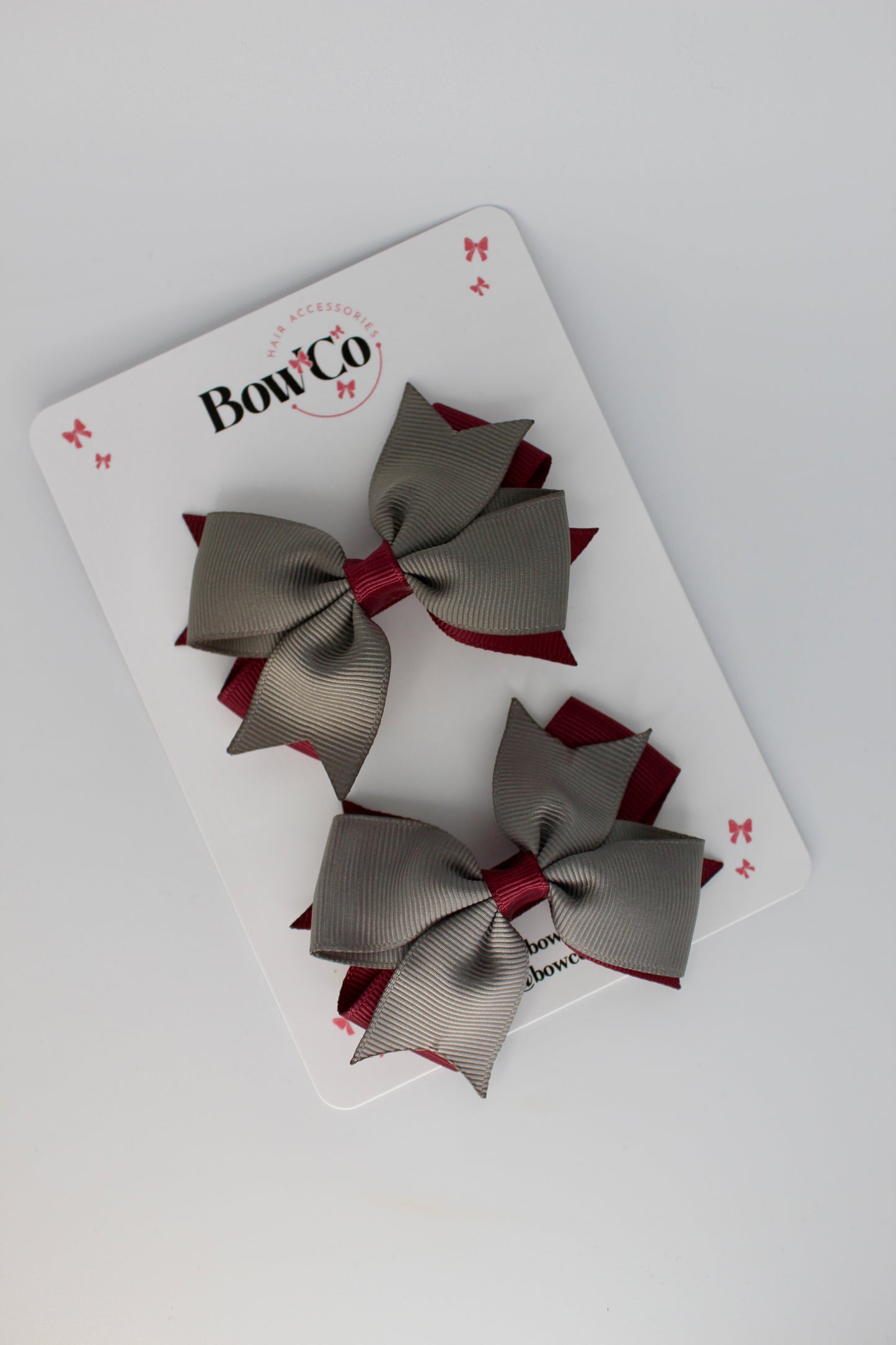 Burgundy and Metal Grey - Layer Tail Bow Set - Clip