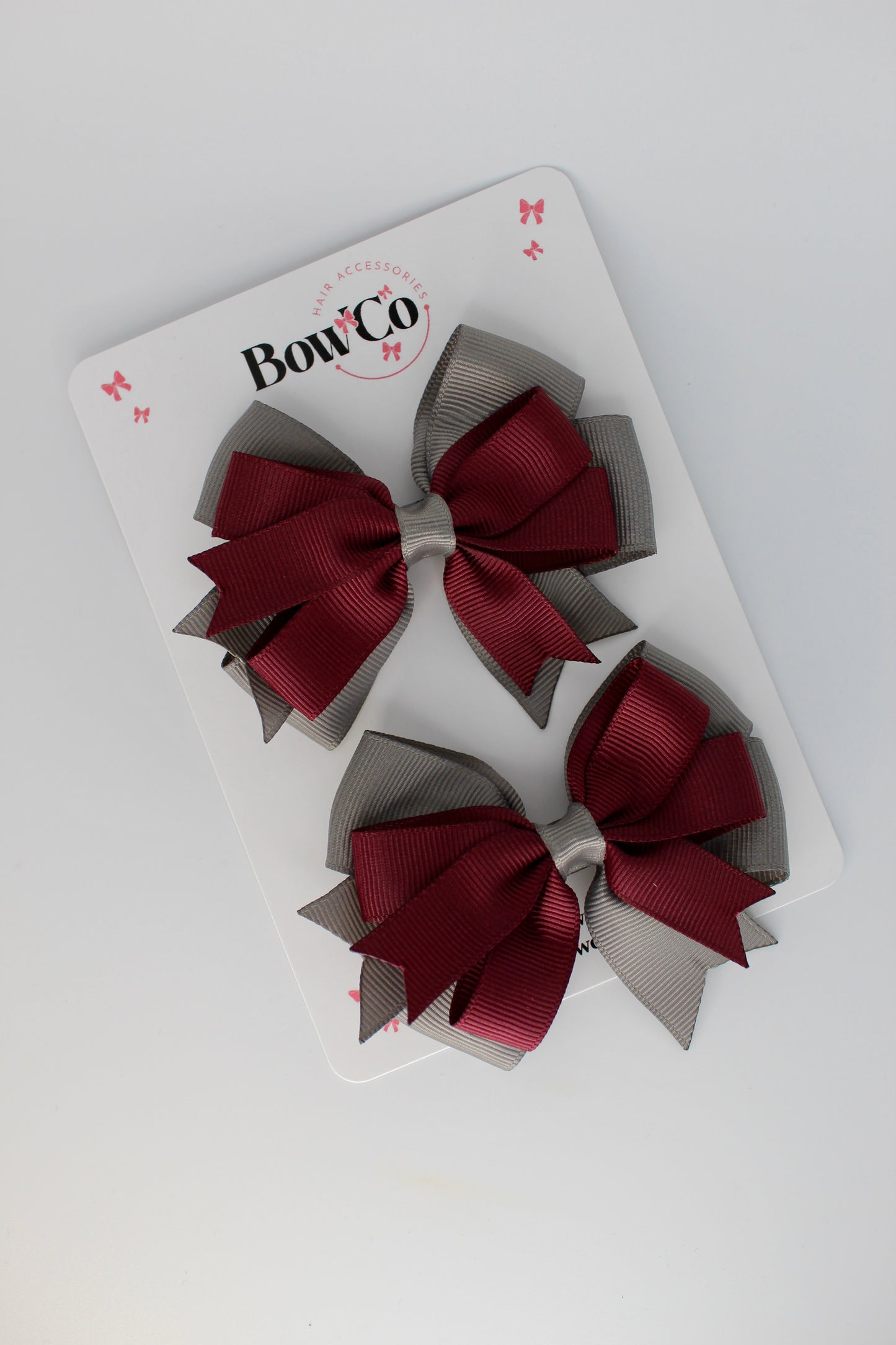 Burgundy and Metal Grey - Double Tail Bow Set - Clip