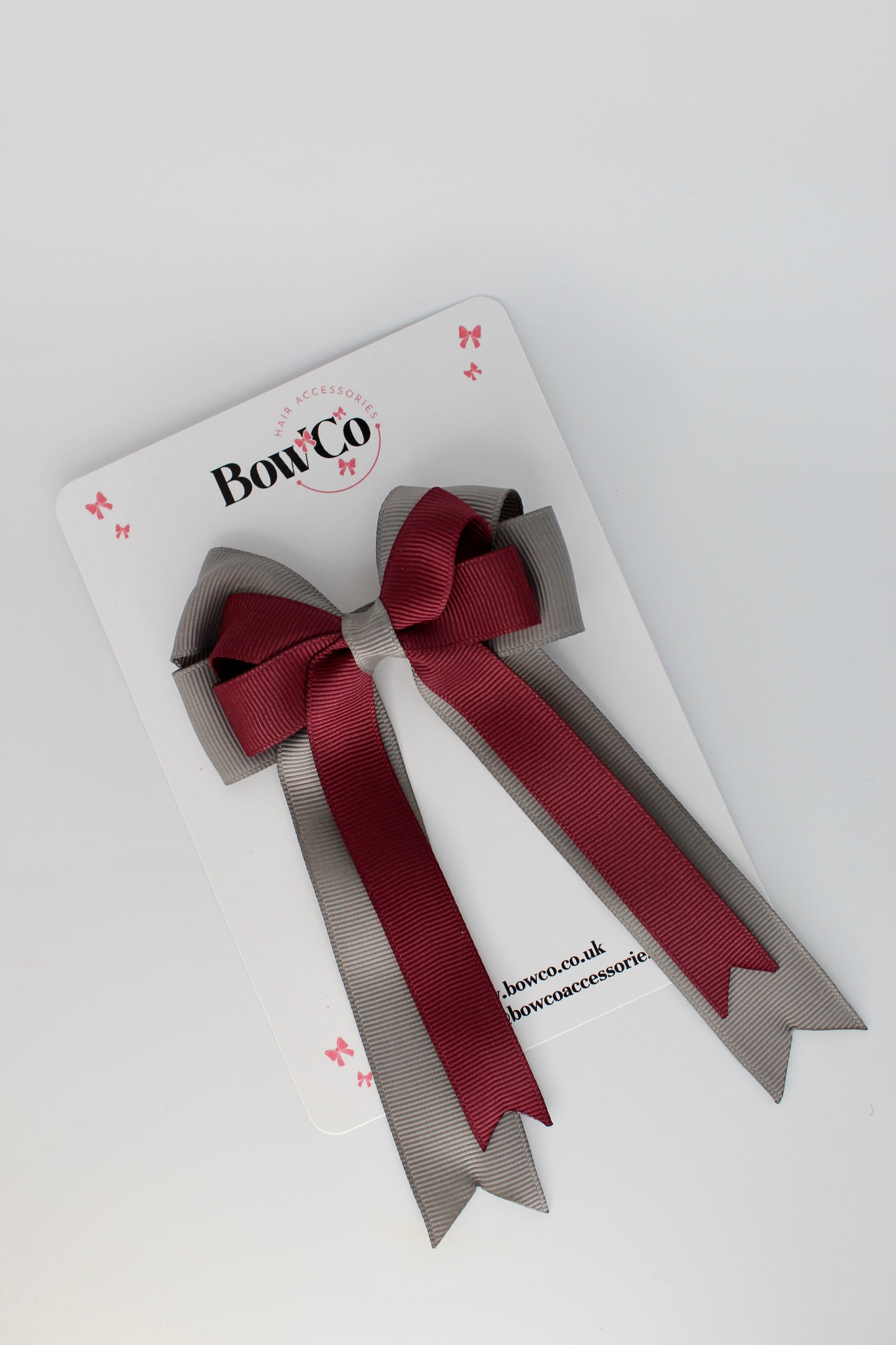 4.5 Inch Ponytail Double Bow - Burgundy and Metal Grey