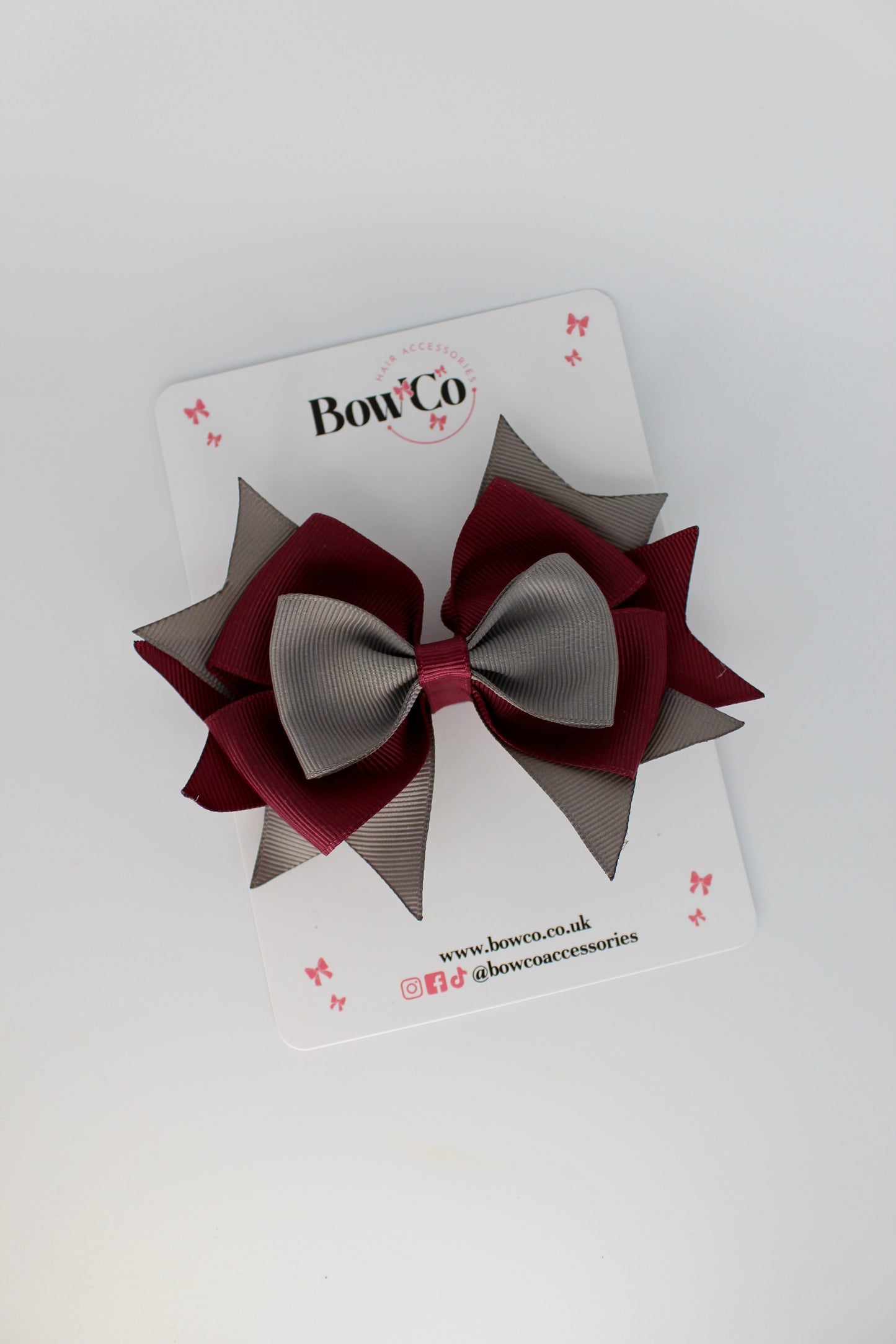 3.5 Inches Layer Bow - Clip - Burgundy and Metal Grey
