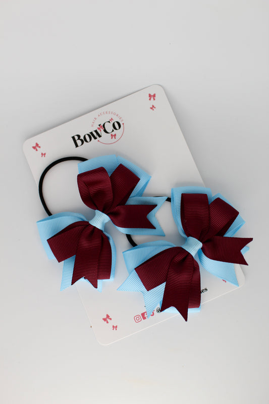 3 Inch Double Tail Bow - Elastic Bobble - 2 Pack - Burgundy and Blue Topaz