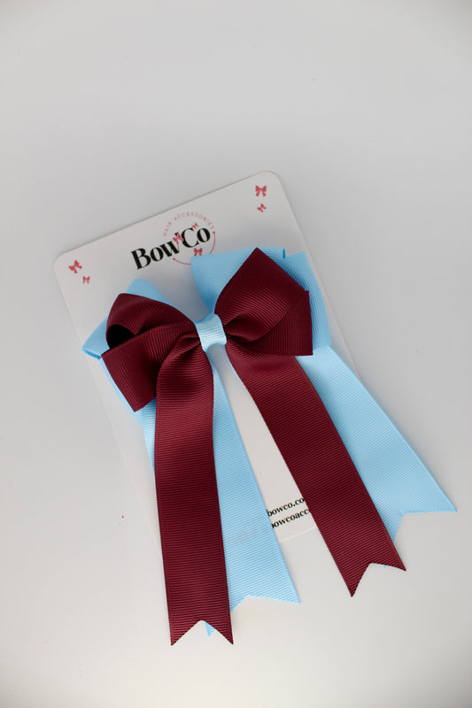 4.5 Inch Ponytail Large Double Tail Bow - Burgundy and Blue Topaz