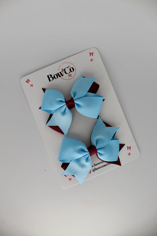 3 Inch Layer Tail Bow - Clip - 2 Pack - Burgundy and Blue Topaz