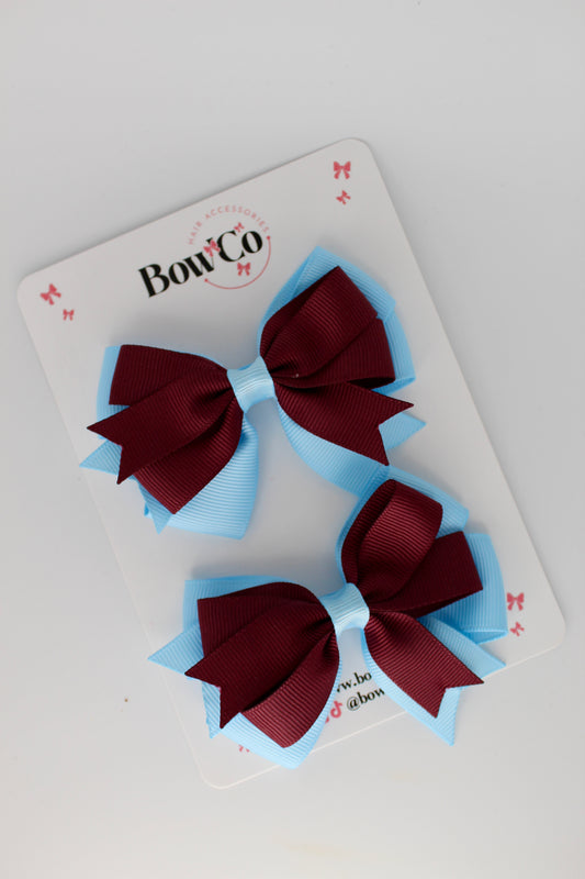 3 Inch Double Tail Bow - Clip - 2 Pack - Burgundy and Blue Topaz