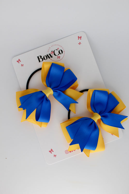 3 Inch Double Tail Bow - Elastic Bobble - 2 Pack - Royal Blue and Yellow Gold