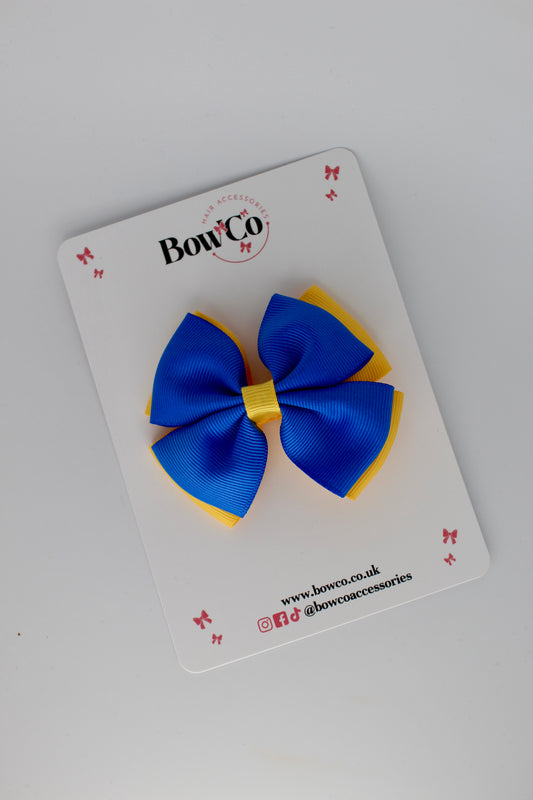 3 Inch Double Layer Bow - Clip - Royal Blue and Yellow Gold