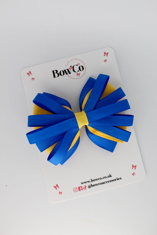 4 Inch Spiral Bow - 4 Inches - Clip - Royal Blue and Yellow Gold