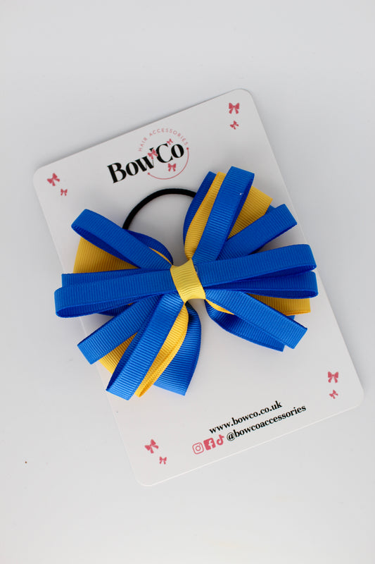 4 Inch Spiral Bow - Elastic Bobble - Royal Blue and Yellow Gold