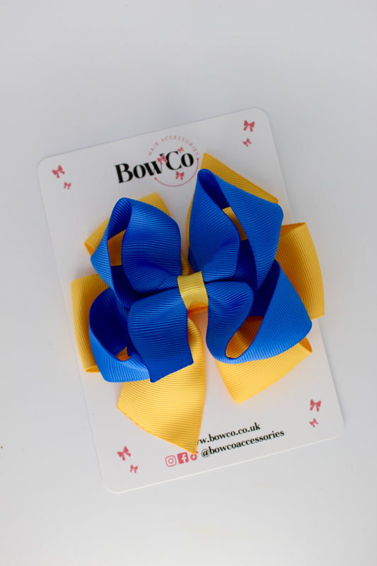 4.5 Inch Double Bow - Clip - Royal Blue and Yellow Gold