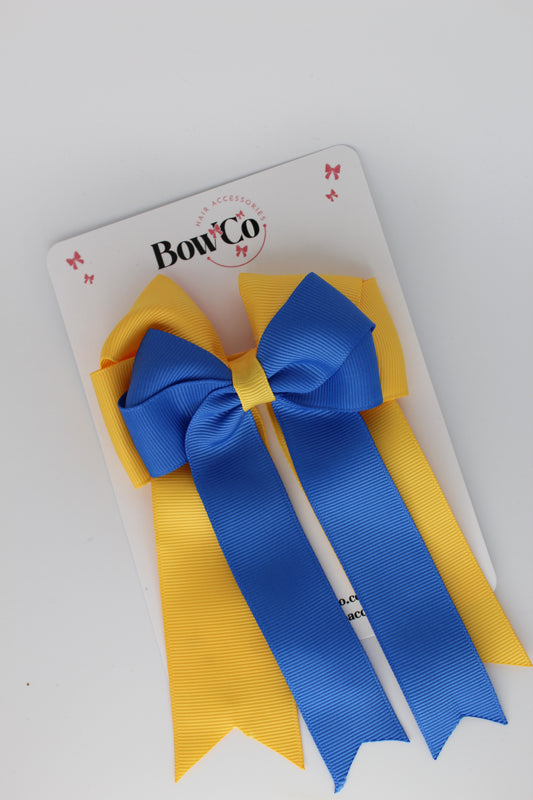 4.5 Inch Ponytail Large Double Tail Bow - Royal Blue and Yellow Gold