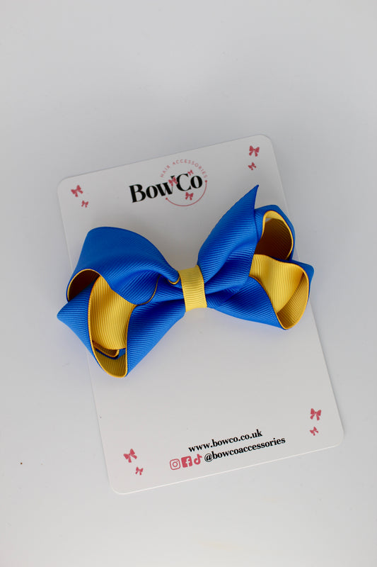 4 Inch Loop Bow - Clip - Royal Blue and Yellow Gold