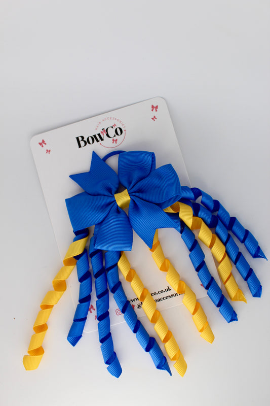 3 Inch Pinwheel Corker Bow - Elastic Bobble - Royal Blue and Yellow Gold