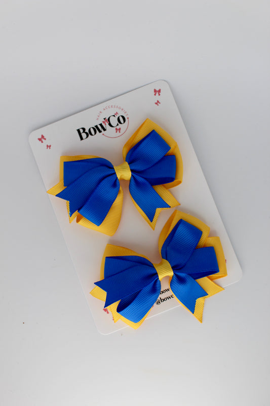 3 Inch Double Tail Bow - Clip - 2 Pack - Royal Blue and Yellow Gold