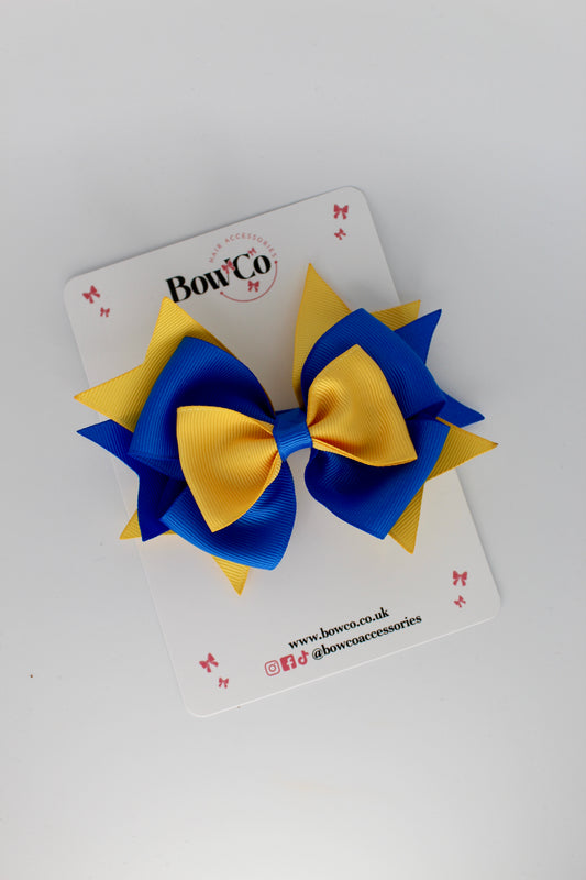 3.5 Inches Layer Bow - Clip - Royal Blue and Yellow Gold
