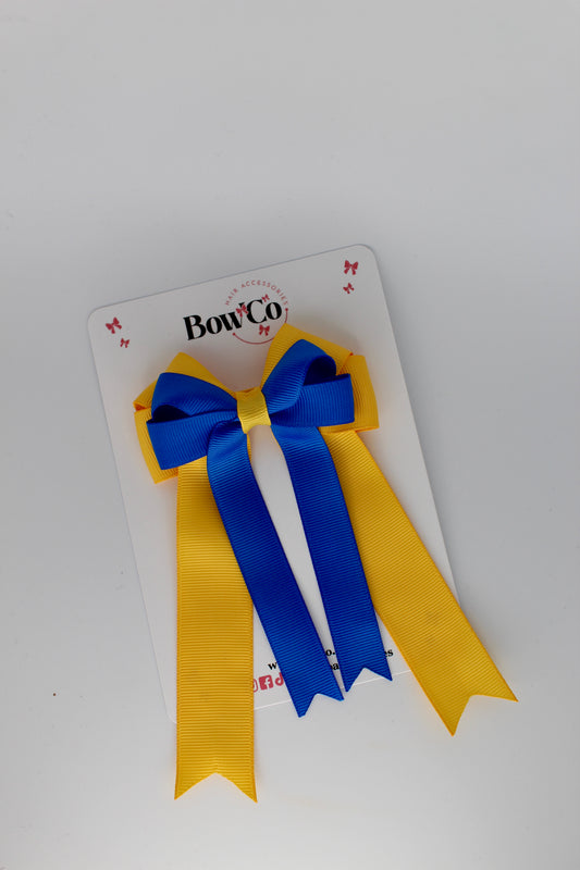 4.5 Inch Ponytail Double Bow - Royal Blue and Yellow Gold