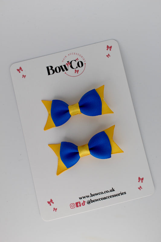 2.5 Inch Layer Tail Bow - Clip - 2 Pack - Royal Blue and Yellow Gold