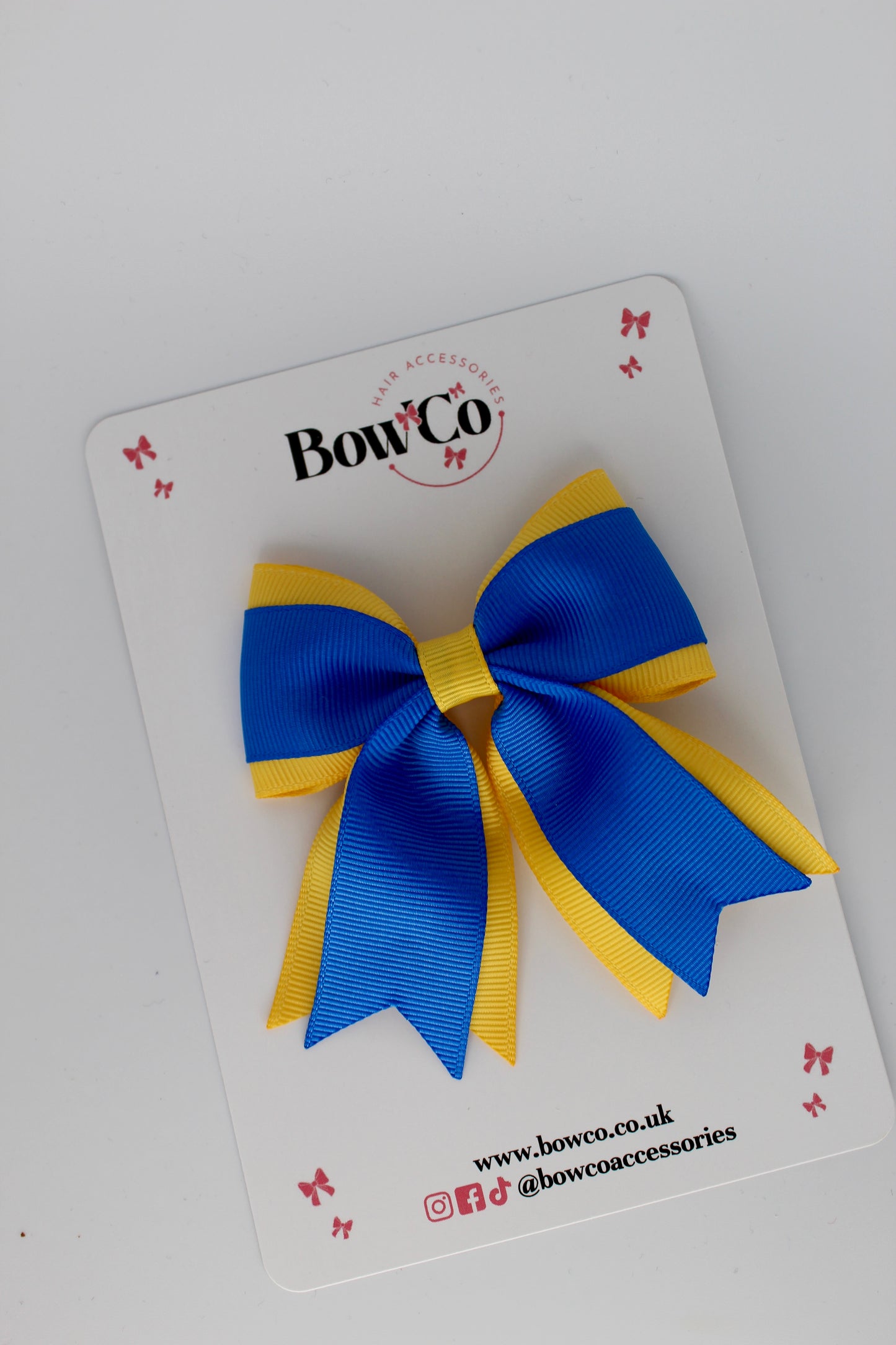 3 Inch Tail Bow Clip - Royal Blue and Yellow Gold