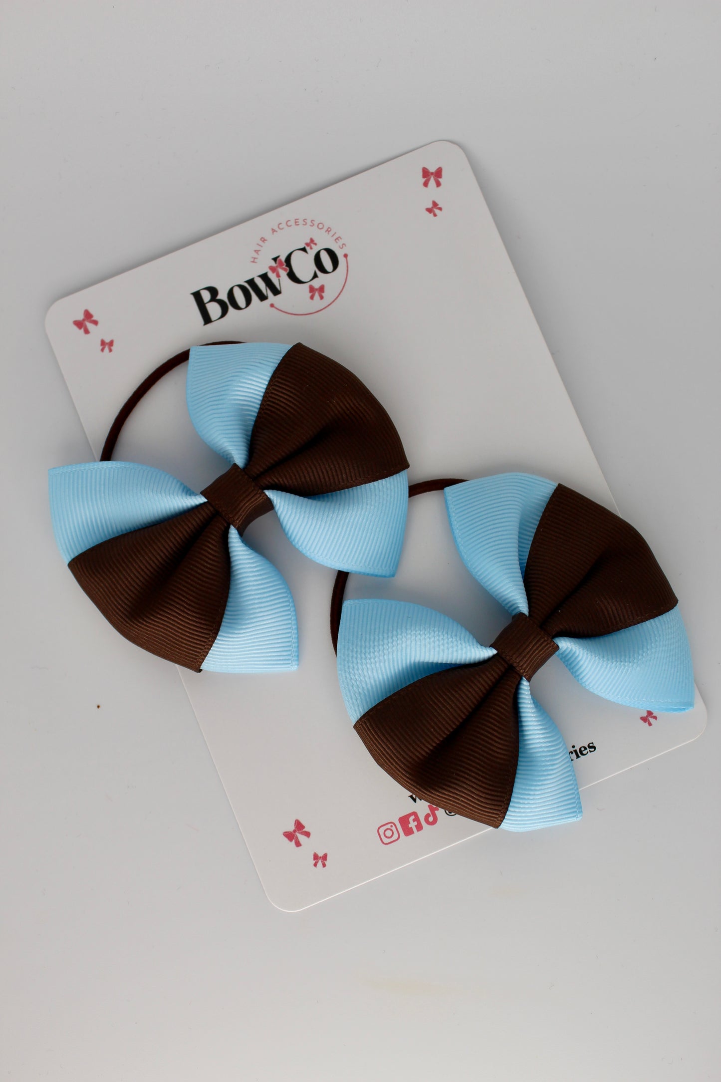 Blue Topaz and Brown - Round Tuxedo Bow Set - Elastic