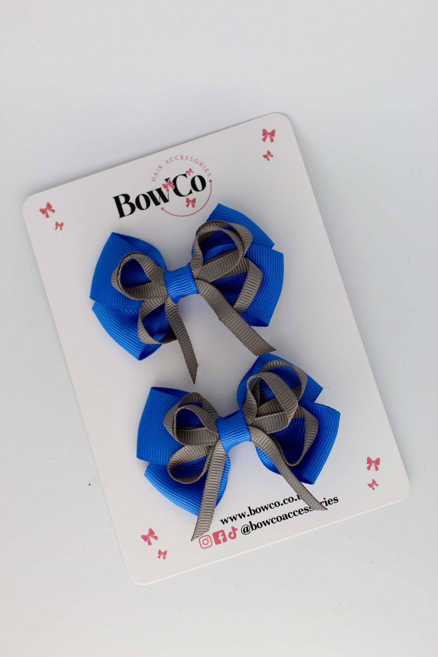 School Bows Royal Blue and Metal Grey - Double Bow Set - Clip