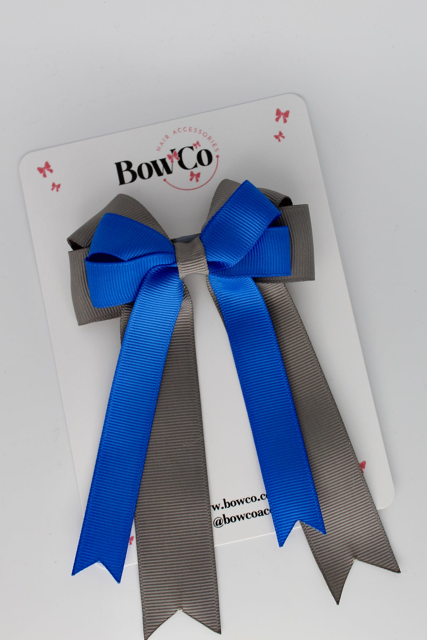 4.5 Inch Ponytail Double Bow - Royal Blue and Metal Grey