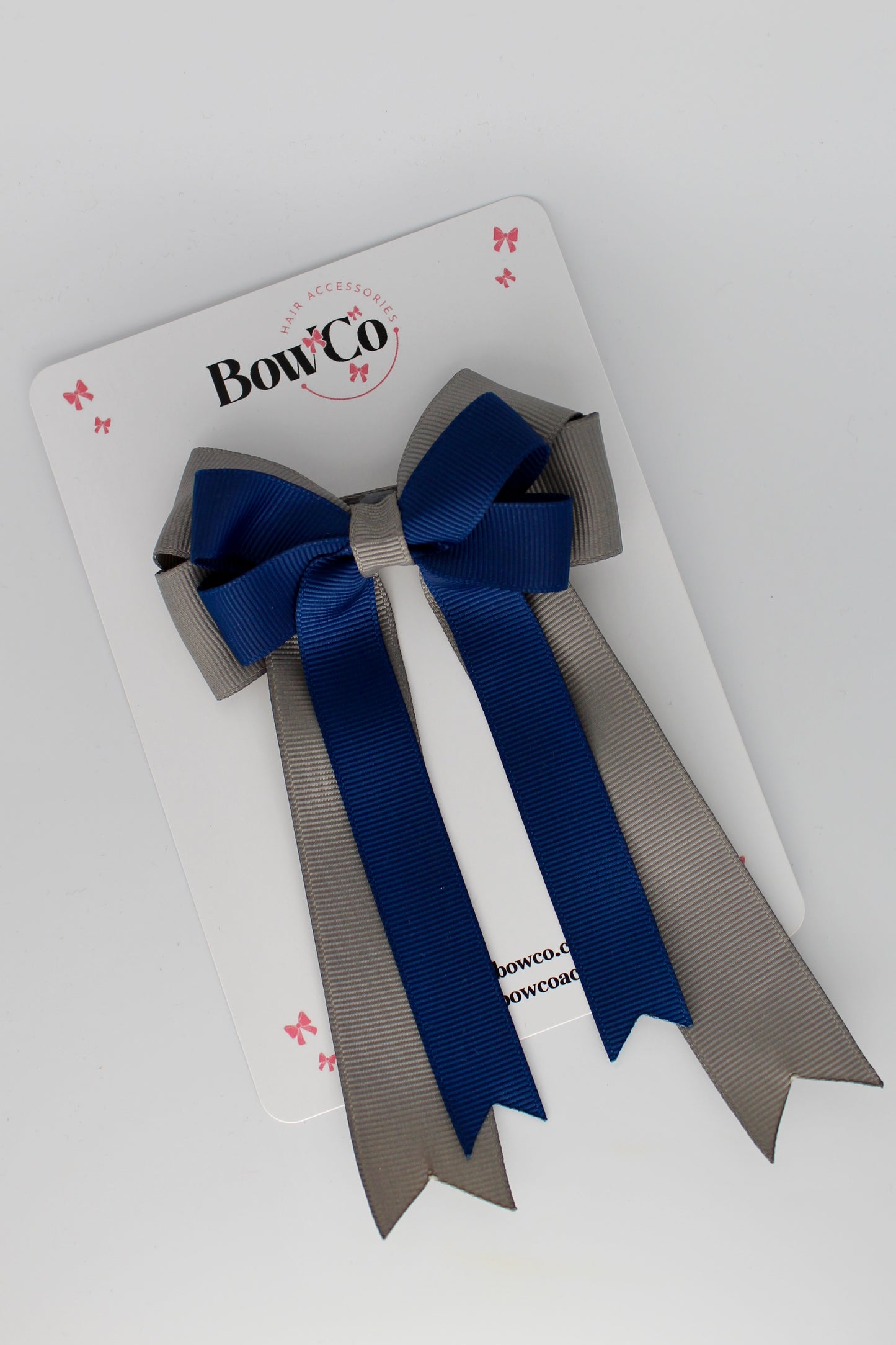 4.5 Inch Ponytail Double Bow - Navy Blue and Metal Grey