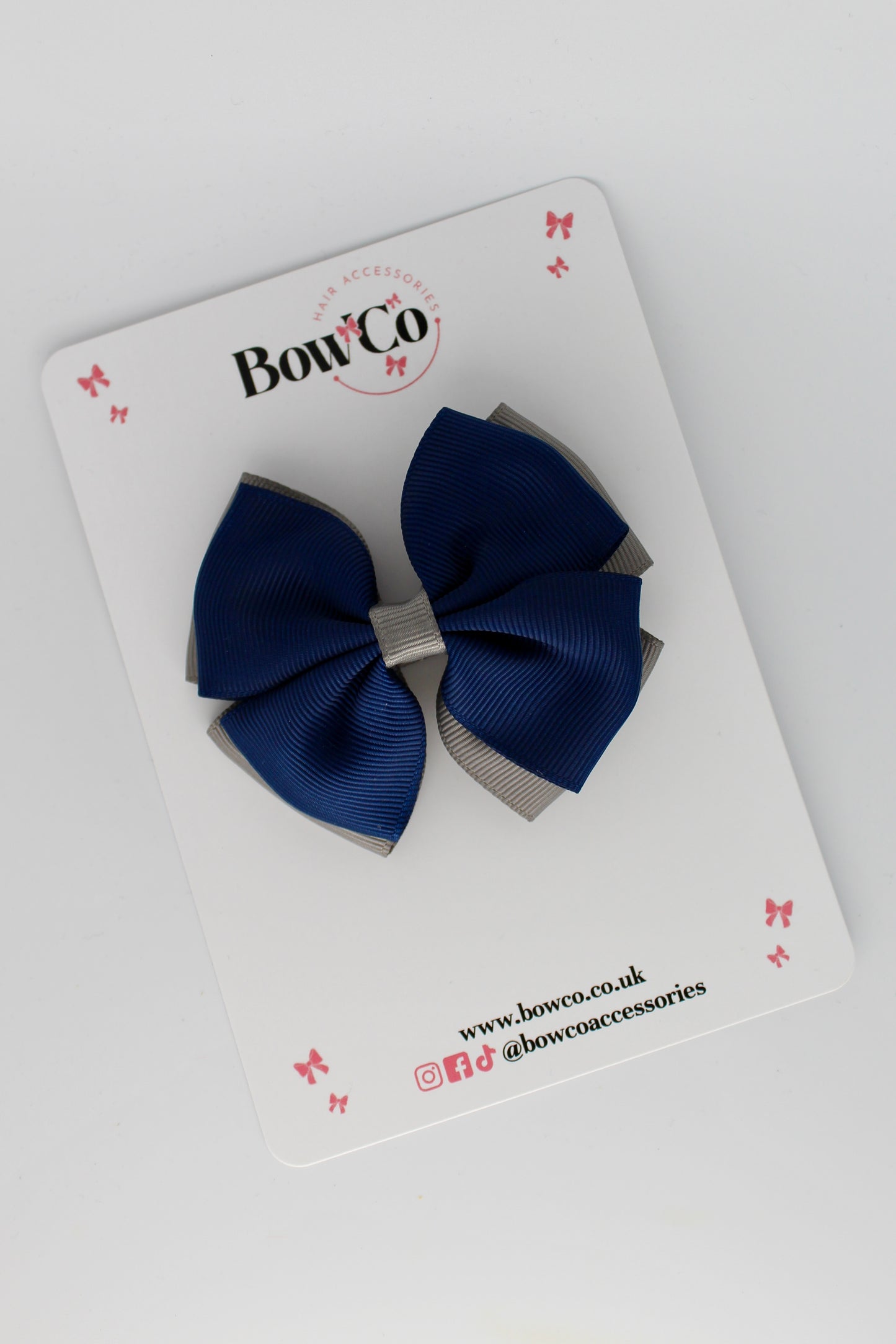 Double Layer Bow - Clip - Navy Blue and Metal Grey