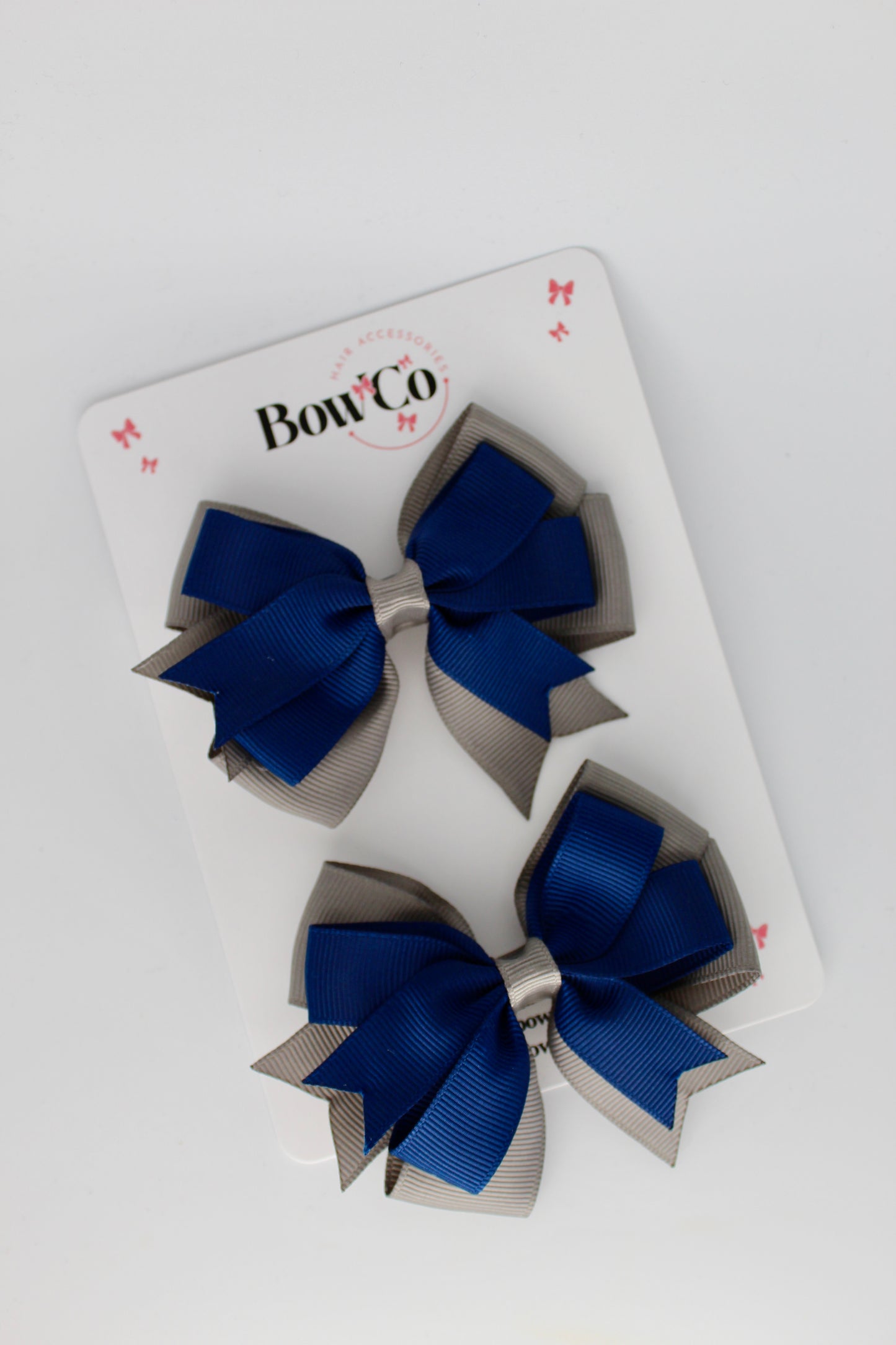 Navy Blue and Metal Grey - Double Tail Bow Set - Clip