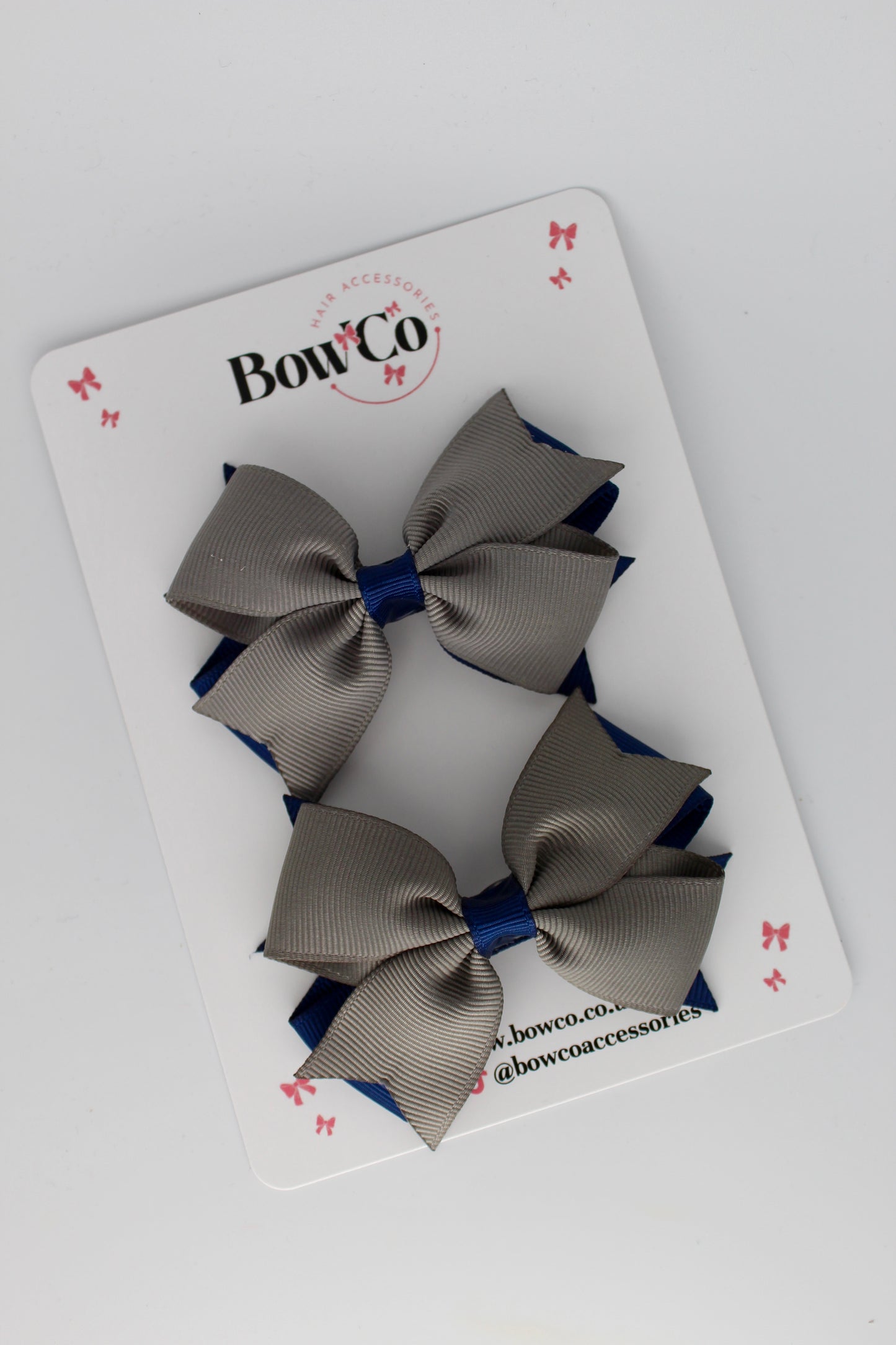 Navy Blue and Metal Grey - Layer Tail Bow Set - Clip