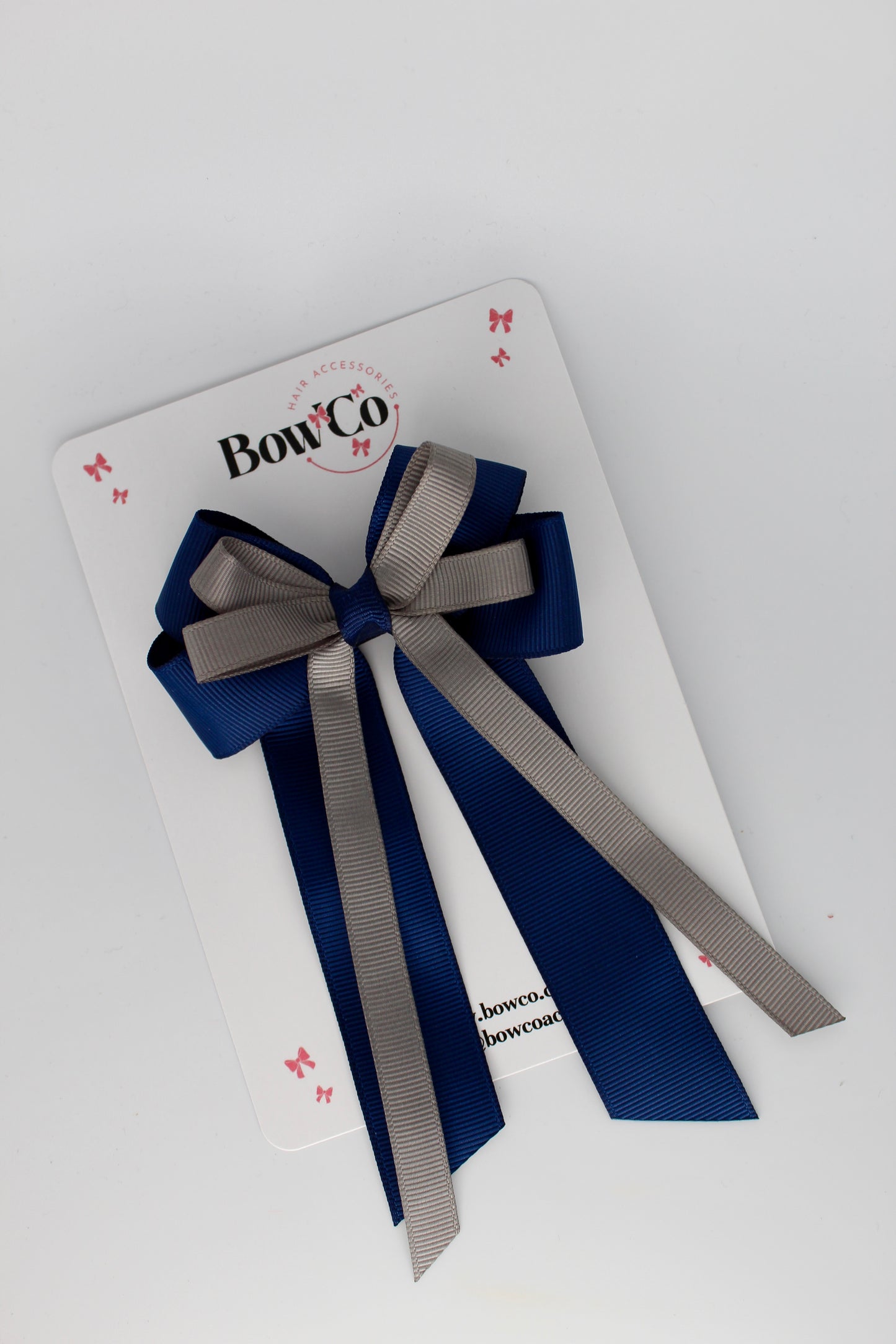 4 Inch Loop Bow Clip PonyTail - Navy Blue and Metal Grey