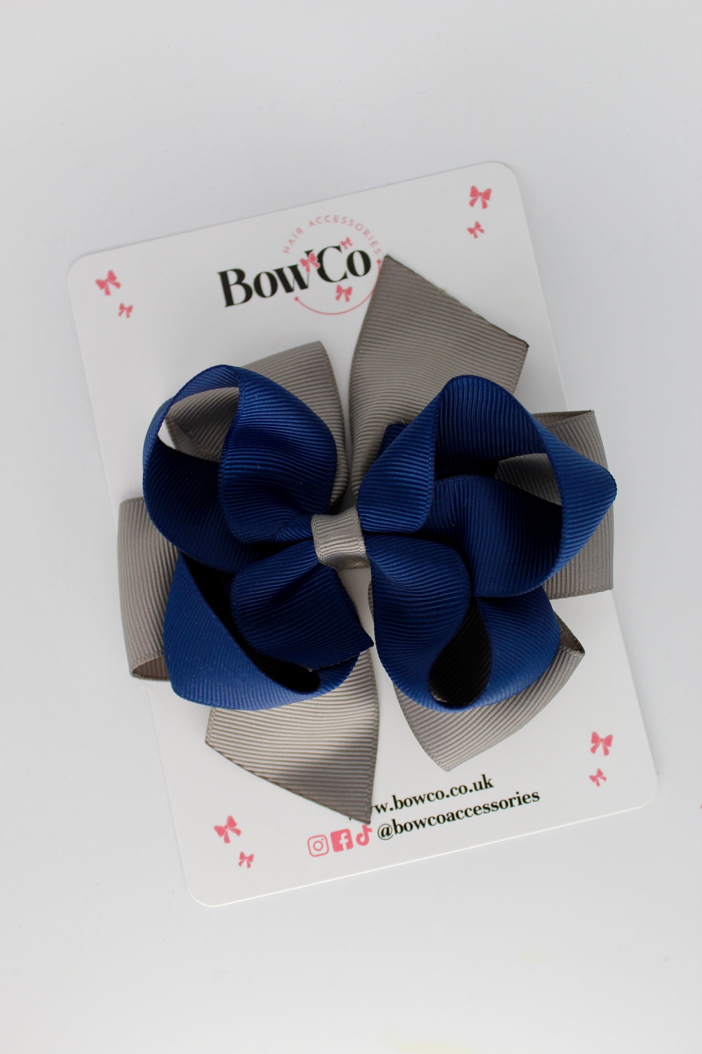 4.5 Inch Double Bow - Clip - Navy Blue and Metal Grey
