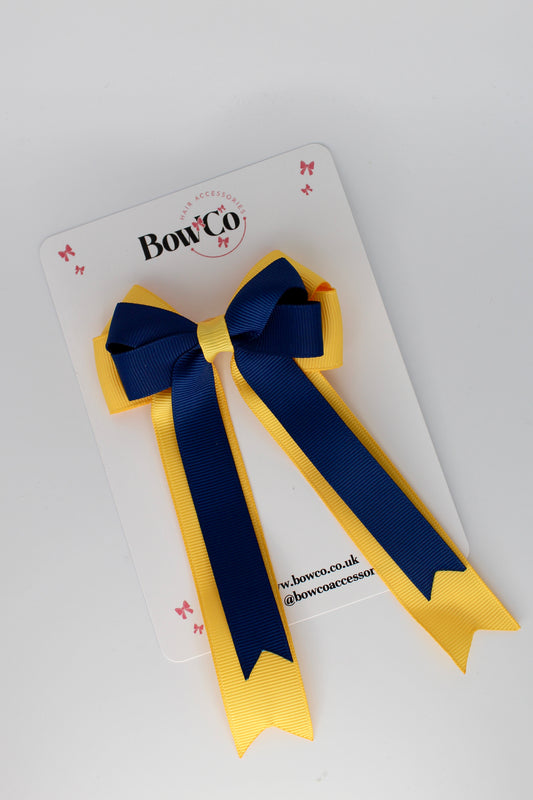 4.5 Inch Ponytail Double Bow - Navy Blue and Yellow Gold