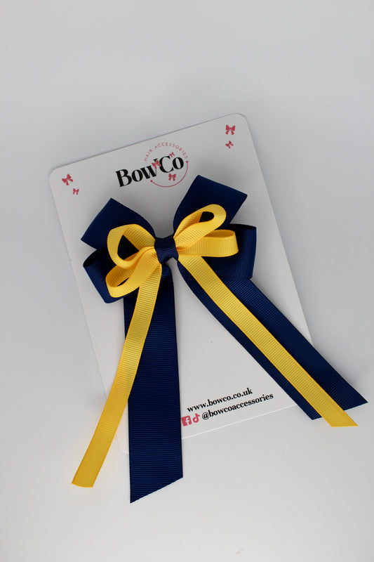 4 Inch Loop Bow Clip PonyTail - Navy Blue and Yellow Gold