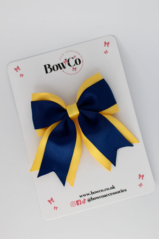 3 Inch Tail Bow Clip - Navy Blue and Yellow Gold