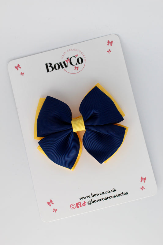 3 Inch Double Layer Bow - Clip - Navy Blue and Yellow Gold