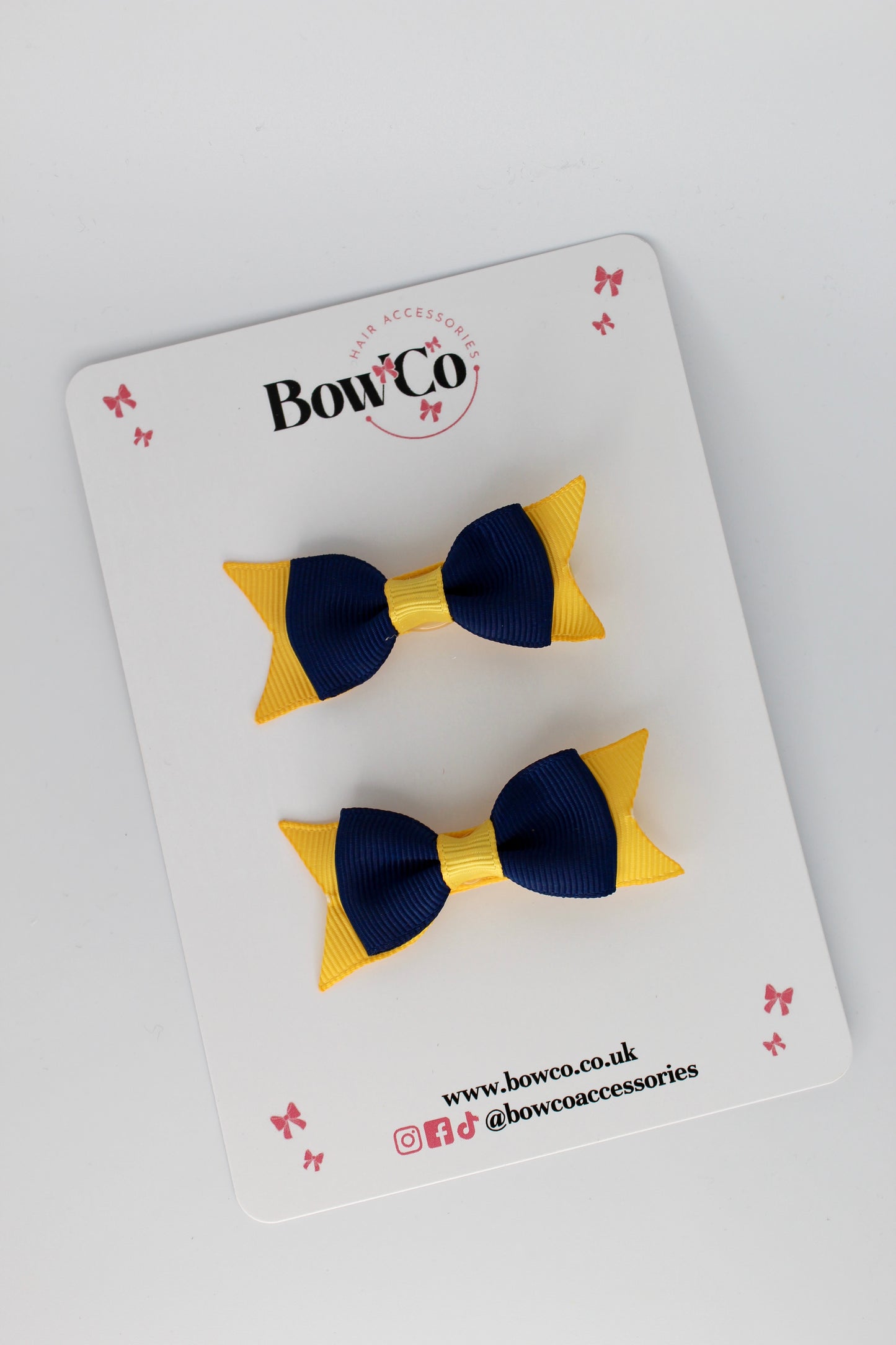 2.5 Inch Layer Tail Bow - Clip - 2 Pack - Navy Blue and Yellow Gold