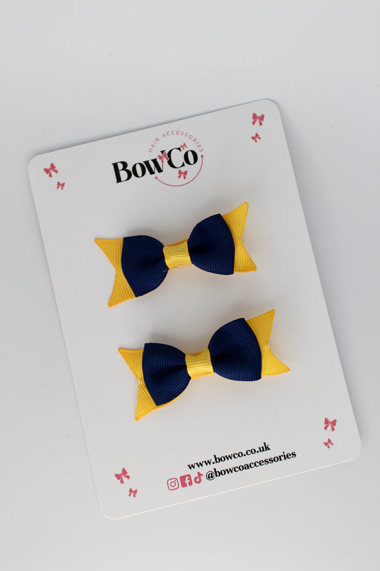 2.5 Inch Layer Tail Bow - Clip - 2 Pack - Navy Blue and Yellow Gold