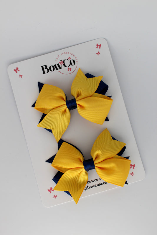 3 Inch Layer Tail Bow - Clip - 2 Pack - Navy Blue and Yellow Gold