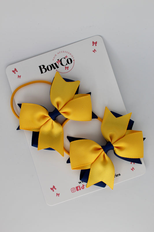 3 Inch Layer Tail Bow - Elastic Bobble - 2 Pack - Navy and Yellow Gold