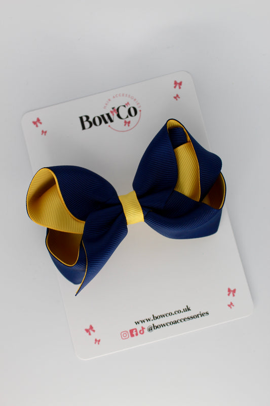 4 Inch Loop Bow - Clip - Navy Blue and Yellow Gold