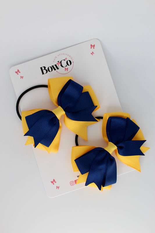 3 Inch Double Tail Bow - Elastic Bobble - 2 Pack - Navy and Yellow Gold