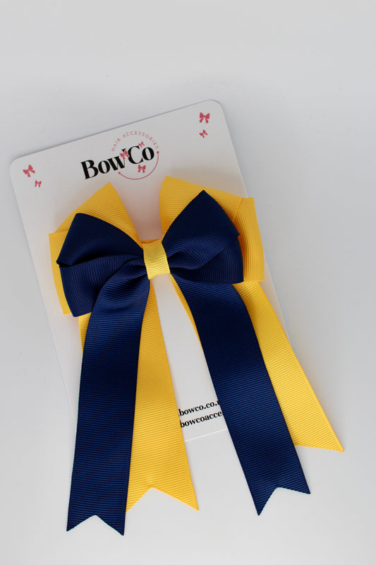 4.5 Inch Ponytail Large Double Tail Bow - Navy and Yellow Gold