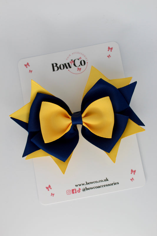 3.5 Inches Layer Bow - Clip - Navy Blue and Yellow Gold