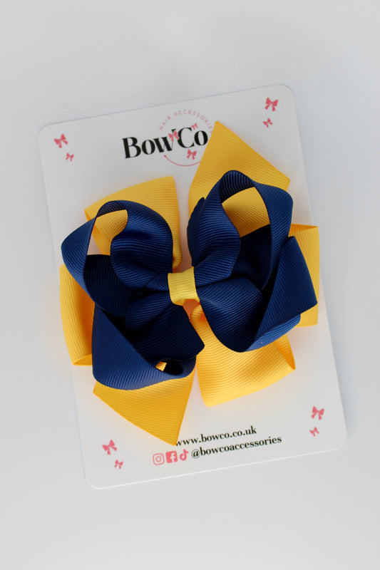 4.5 Inch Double Bow - Clip - Navy Blue and Yellow Gold