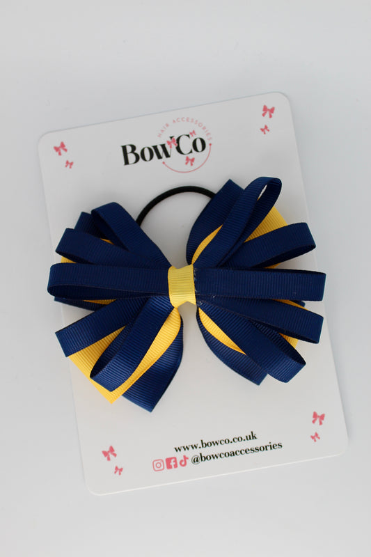 4 Inch Spiral Bow - Elastic Bobble - Navy and Yellow Gold