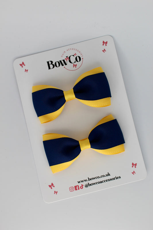 3 Inch Tuxedo Bow - Clip - 2 Pack - Navy Blue and Yellow Gold